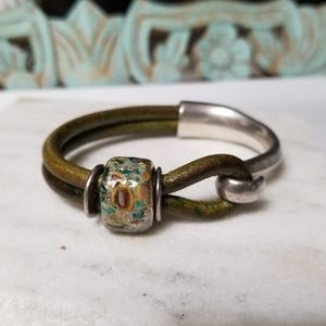 Silver Metal & Olive Leather Cord Bracelet With Bead Accent